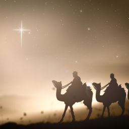 Artistic silhouette of the three magi riding camels towards the star.