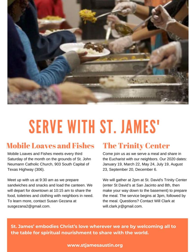 Poster with Details about Service with St. James at Mobile Loves and Fishes and the Trinity Center