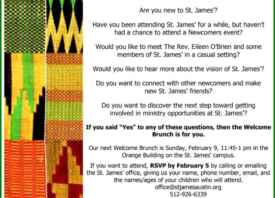 Join us for a Newcomers Brunch in the Orange Building on February 9, following the 10:15 am service!