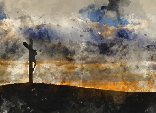 Digital watercolour painting of Silhouette of Jesus Christ crucifixion on cross on Good Friday Easter